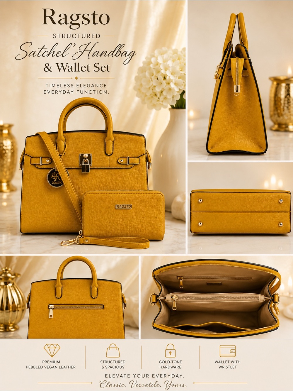 Ragsto Structured Satchel Handbag & Wallet Set